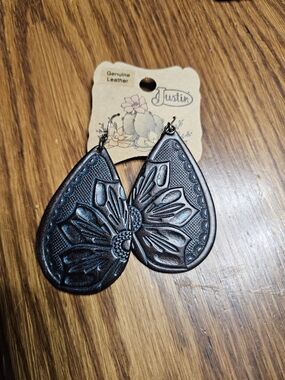 Justin Dark Brown Leather Floral Teardrop Earrings